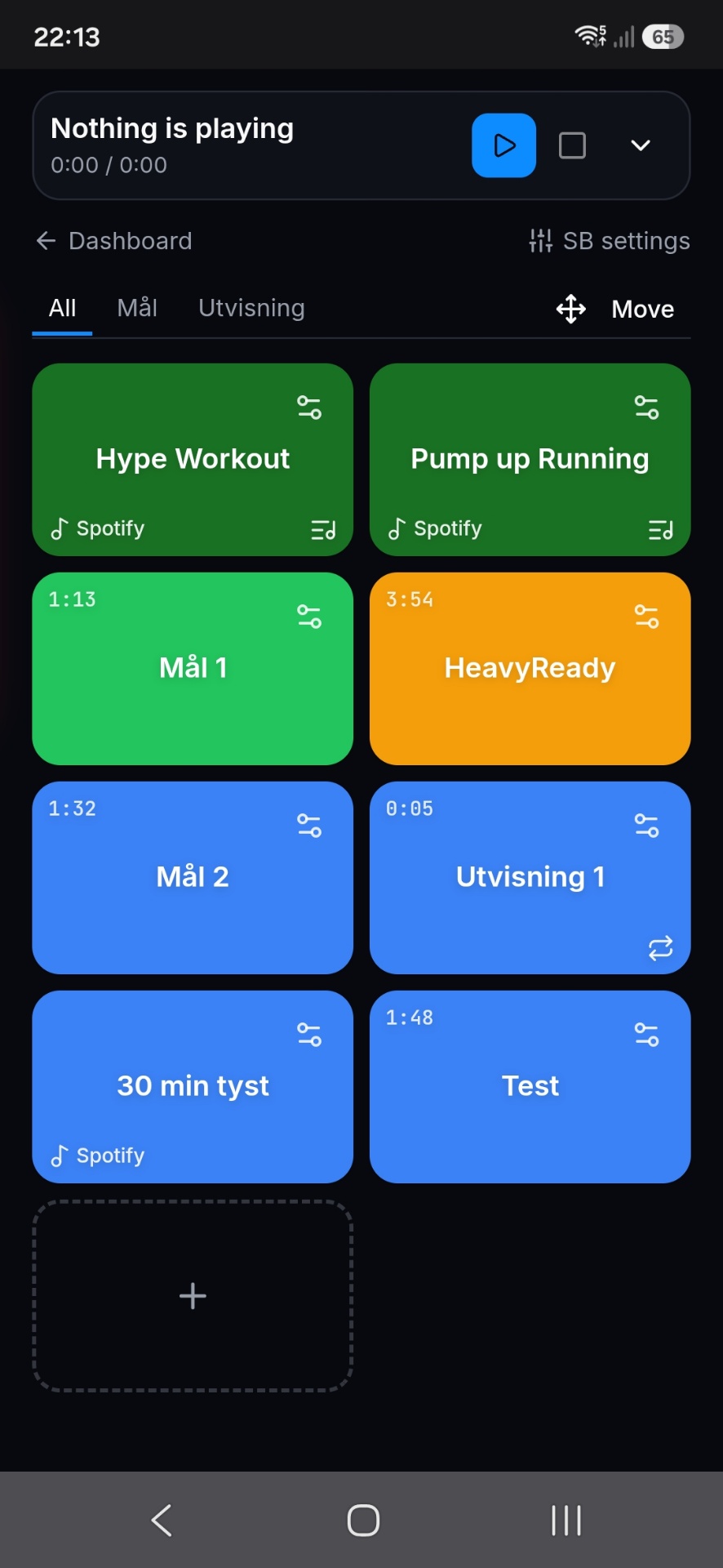 GameTimeAi soundboard view on a phone with a grid of colourful jingle pads for goal horn, intro music and crowd effects.