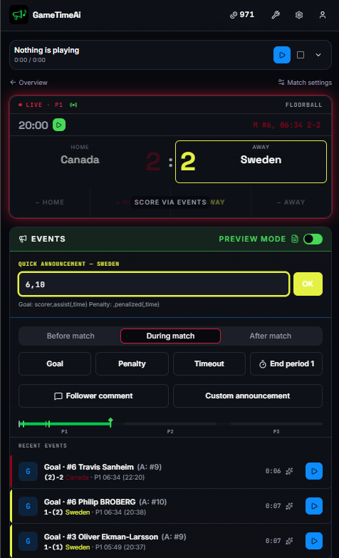 GameTimeAi match view on a phone showing the live scoreboard, period clock, team rosters and the latest goal and penalty events for an ongoing match.