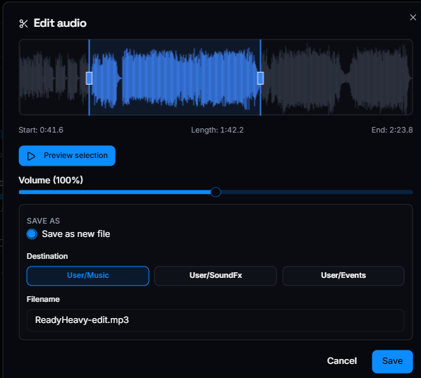 GameTimeAi built-in audio editor on a phone with a waveform, trim handles, fade controls and an EQ panel for jingle sounds.