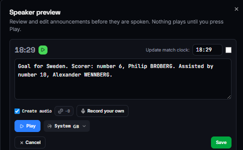 GameTimeAi speaker view on a phone showing the announcement queue with an AI voice selected and a record button for custom shouts.