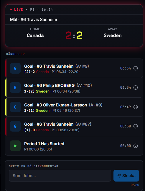 GameTimeAi follow-mode view on a phone showing fans a lightweight live scoreboard with the event feed and a comment box.