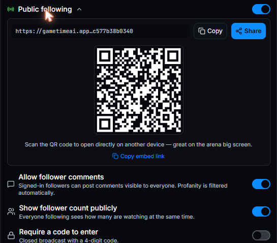 GameTimeAi match settings showing the public following share link, QR code and embed options.