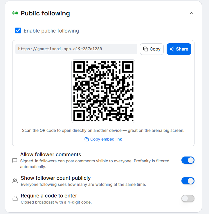 GameTimeAi match settings showing the public following share link, QR code and embed options.