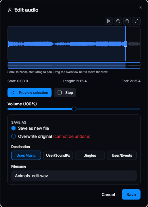 GameTimeAi built-in audio editor on a phone with a waveform, trim handles, fade controls and an EQ panel for jingle sounds.