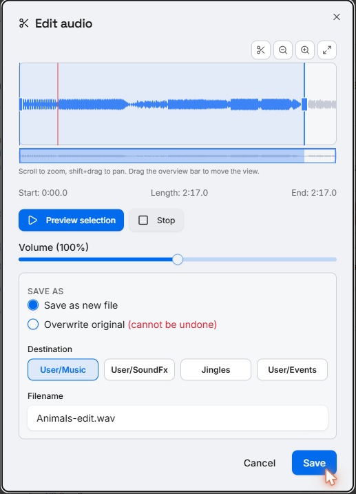 GameTimeAi built-in audio editor on a phone with a waveform, trim handles, fade controls and an EQ panel for jingle sounds.