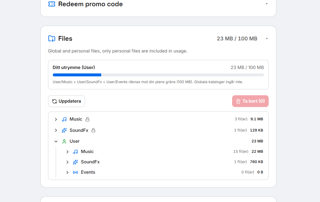 GameTimeAi file archive showing shared Music and SoundFx folders plus personal User folders with a storage quota bar.