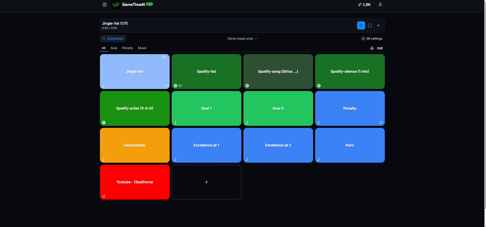 GameTimeAi soundboard view on a phone with a grid of colourful jingle pads for goal horn, intro music and crowd effects.
