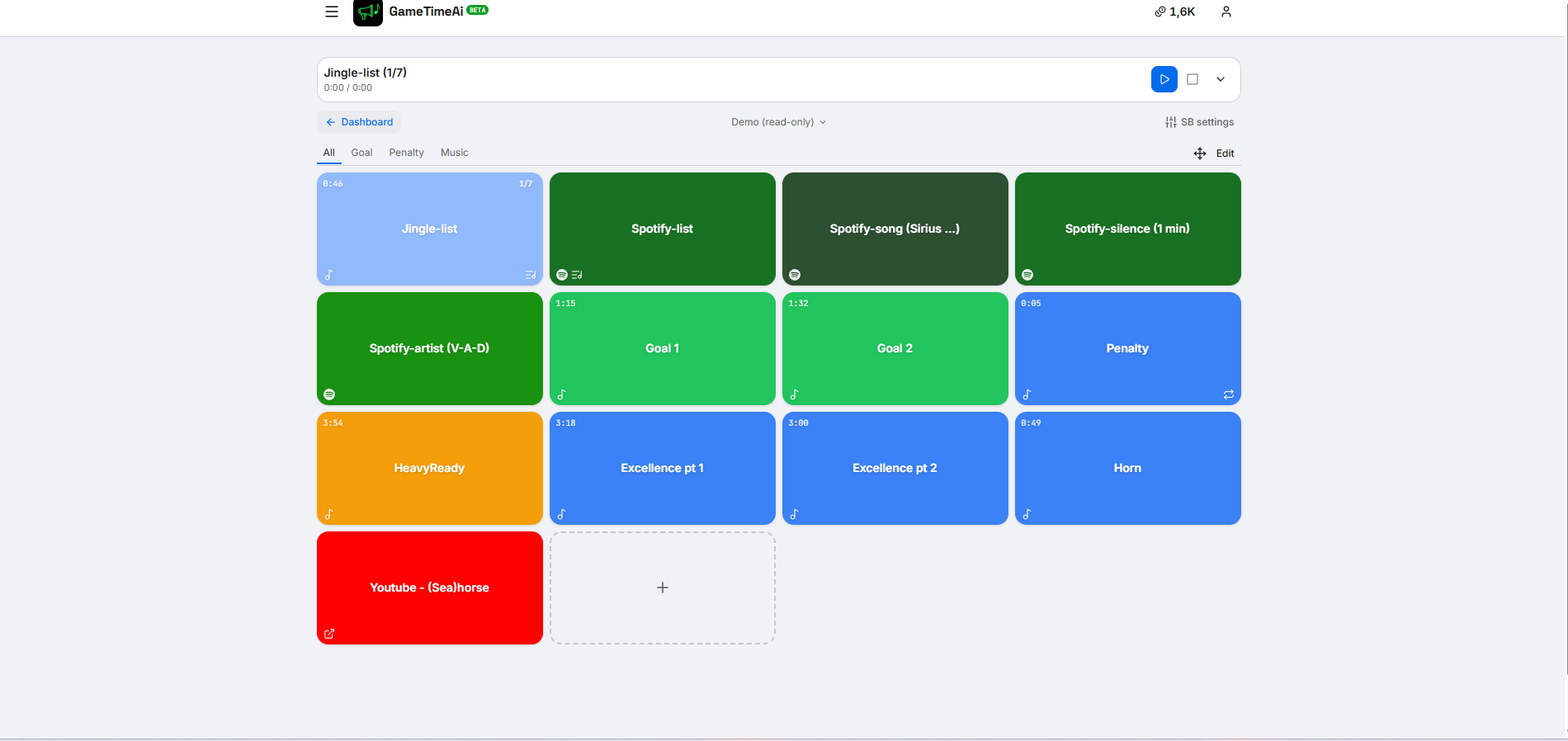 GameTimeAi soundboard view on a phone with a grid of colourful jingle pads for goal horn, intro music and crowd effects.