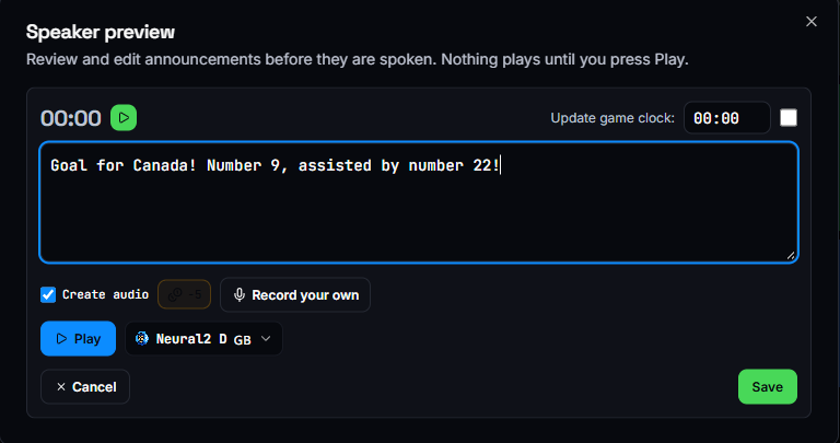GameTimeAi speaker view on a phone showing the announcement queue with an AI voice selected and a record button for custom shouts.